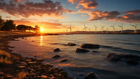 sunset over a wind farm near the coast with rocky shoreline and waves