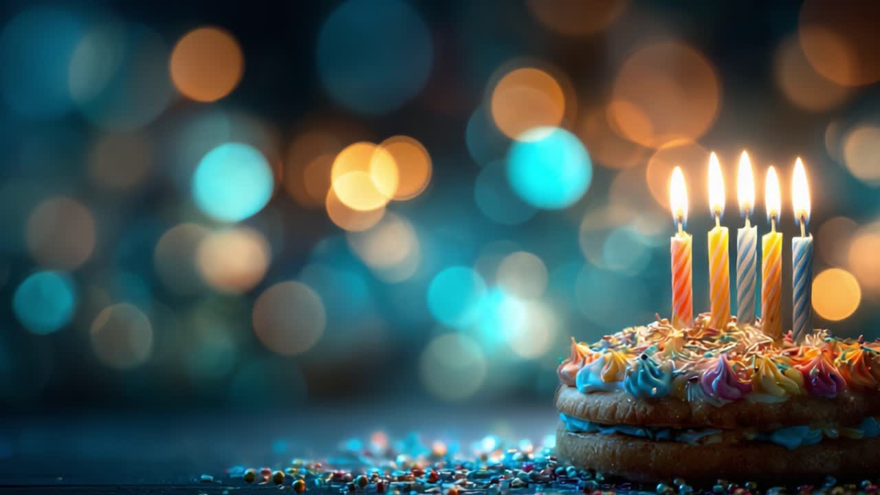 Una torta di compleanno splendidamente decorata, adornata con candeline colorate e cosparsa di decorazioni variopinte, che risplende su uno sfondo di luci bokeh scintillanti