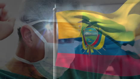 wearing mask, healthcare worker with ecuadorian flag waving in background animation