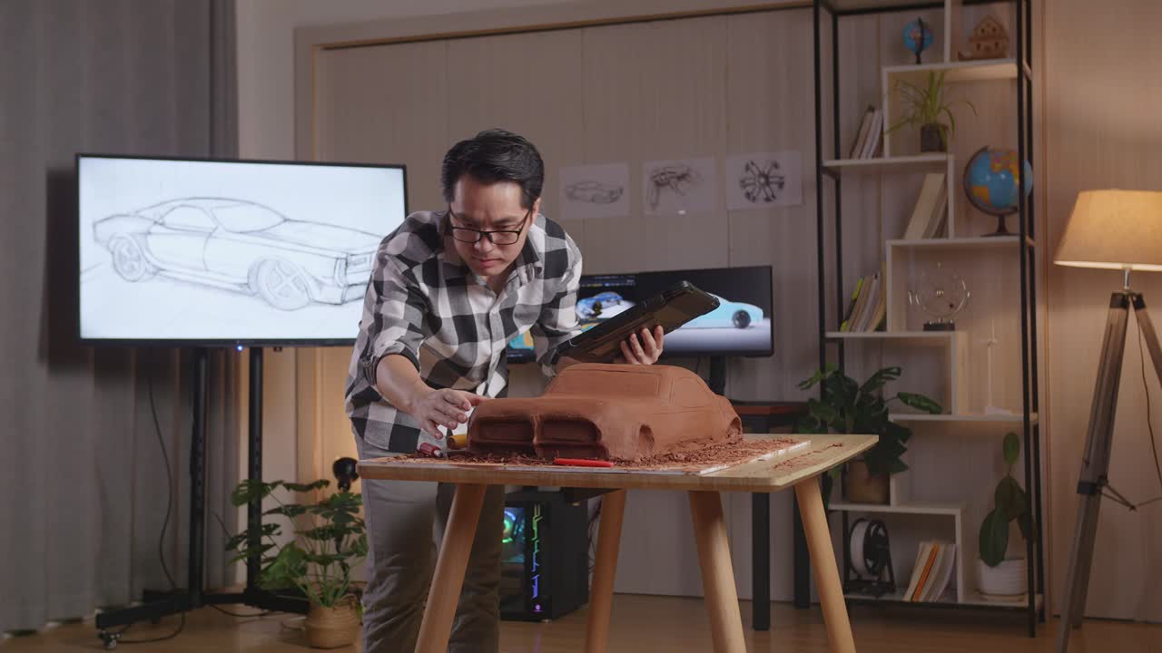 el diseñador automotriz asiático está mirando una tableta y revisando su escultura de arcilla de coche en el estudio