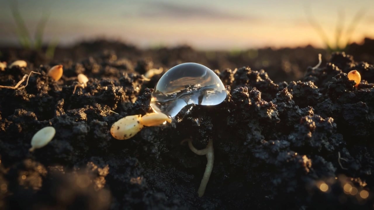 Rupturing droplet deforming on dark soil at sunrise, spreading film toward pale seedling and seeds