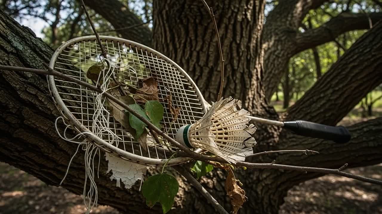 Una racchetta invasa dalla natura: l'armonia inaspettata di un oggetto sportivo abbandonato tra rami contorti e dintorni frondosi in un ambiente naturale.