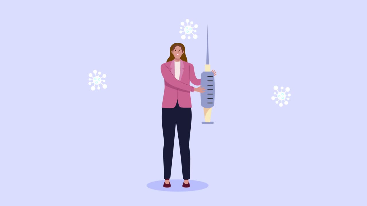 covid19 vaccine animation with woman lifting injection
