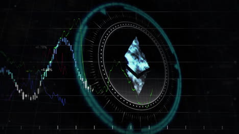 animación de procesamiento de datos y símbolo de criptomoneda sobre fondo negro
