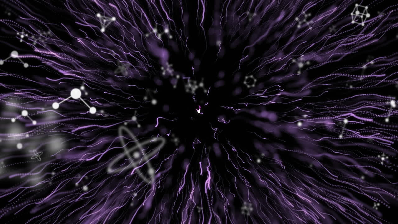 animación de una red de conexiones que caen sobre fuegos artificiales púrpuras sobre fondo negro