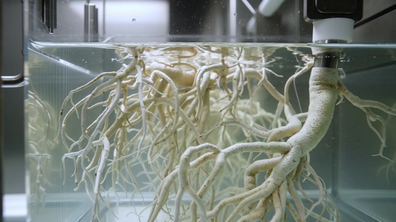 Drifting plant roots releasing bubbles and unfurling in glass tank, pump pushing water through PVC