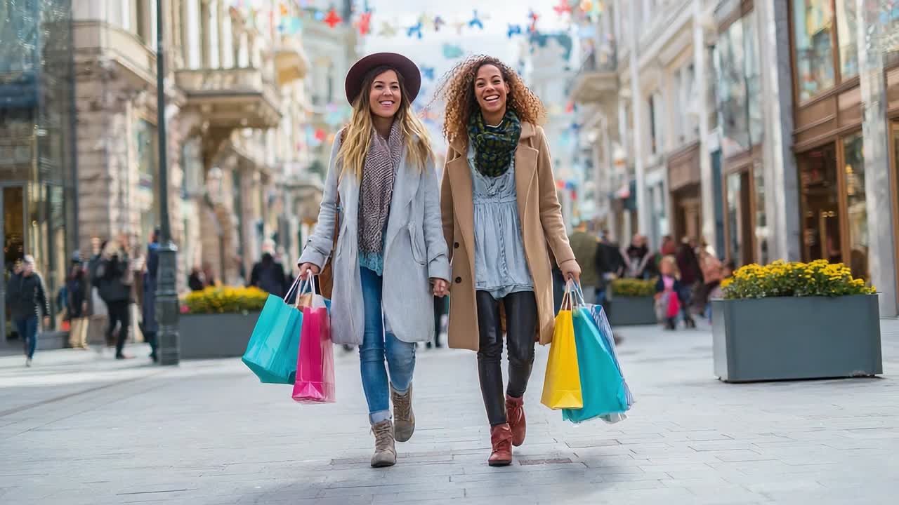 Two friends enjoy a day of shopping in a lively city center