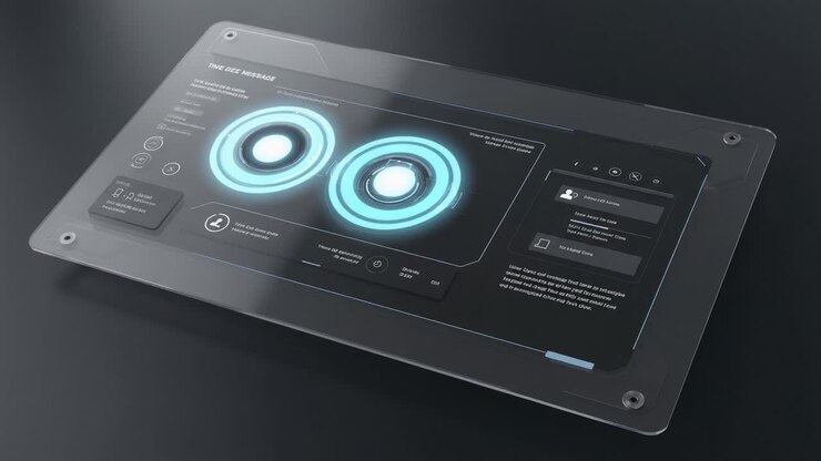 Sleek Digital Interface Displaying Interactive Features and Data Visualization with Futuristic Elements and Vibrant Glow Effects