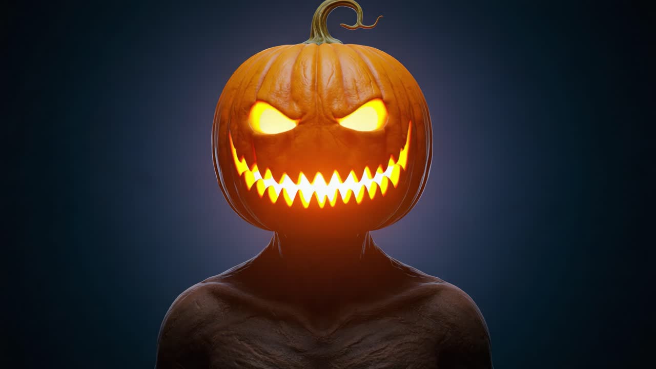 Una sinistra figura con testa di zucca emana un'aura inquietante con i suoi occhi infuocati e il sorriso ghignante, perfetta per le celebrazioni di Halloween e i temi horror.