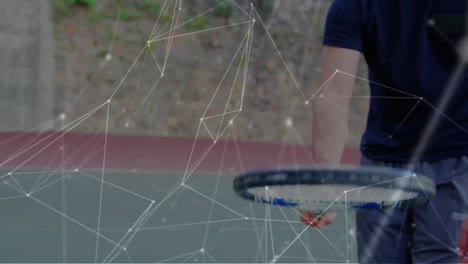 animación de la red de conexiones sobre el jugador de tenis masculino en la cancha de tenis
