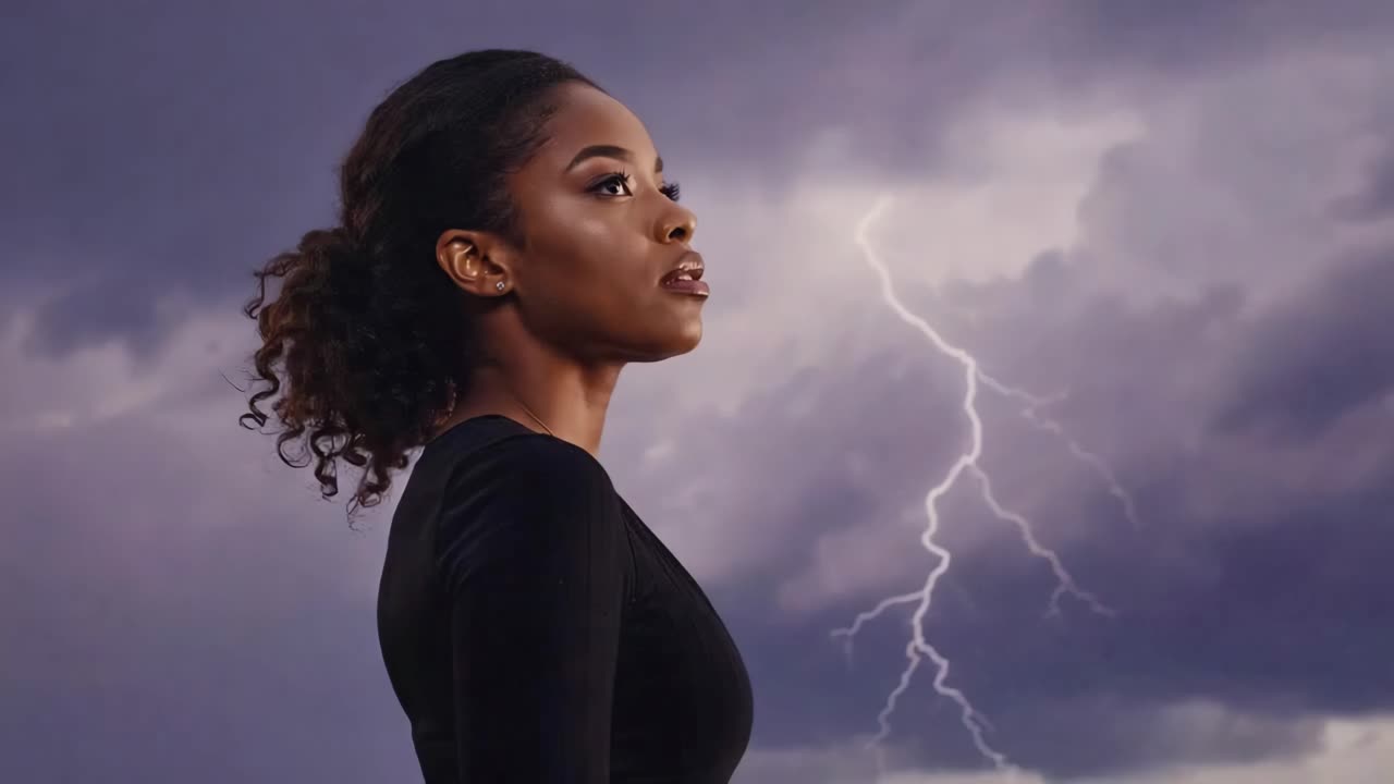 Woman Facing a Lightning Storm