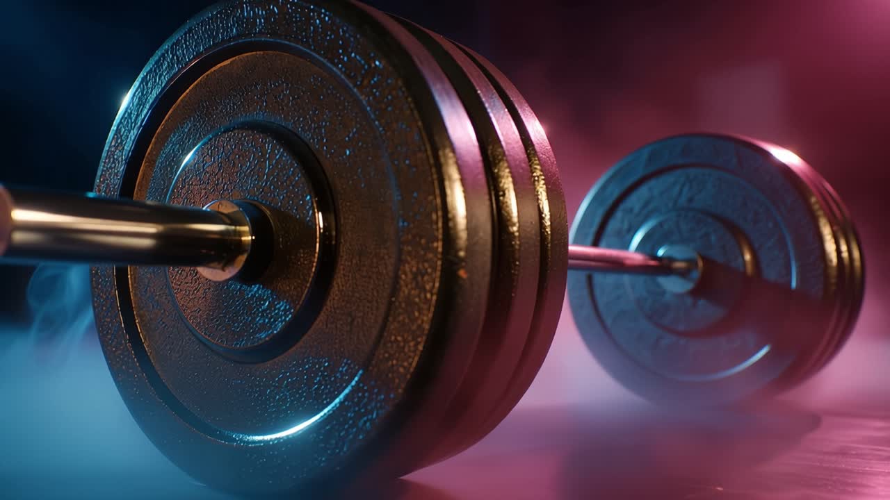 A Dynamic Weightlifting Scene Featuring a Close-up of a Barbell Surrounded by Colorful Fog in a Gym Setting