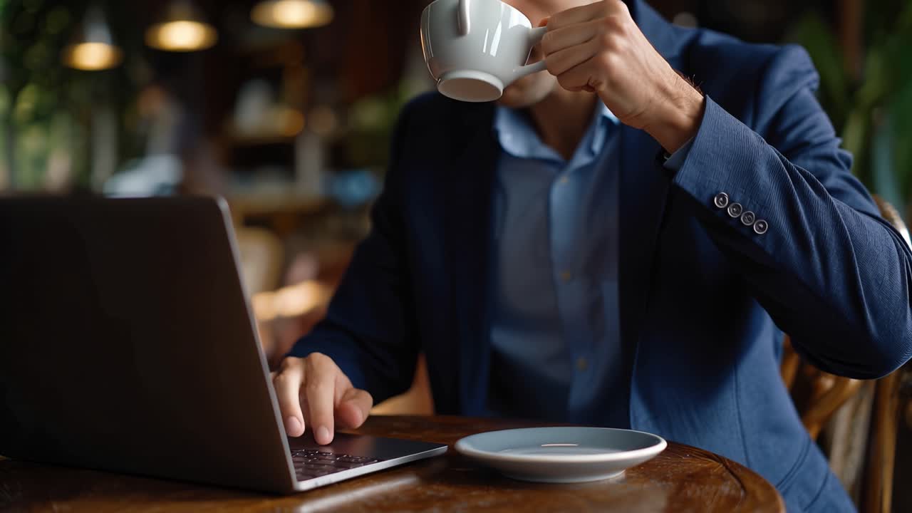 Man in suit works at cafe table. He sips coffee, then taps keys. Focused, he's in thought or problem-solving. Perfect for business, remote work, or creative scenes. No animals or plants present