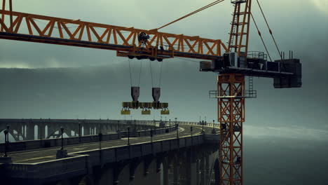 construction crane lifts materials over the winding highway at twilight hour