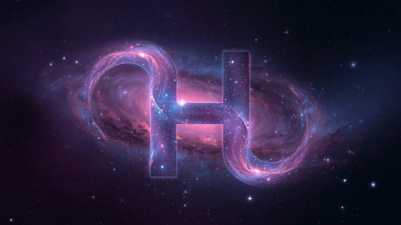 Glowing and swirling purple nebula gas forming letter H emblem with looped arms in space backdrop