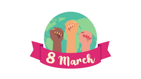 happy womens day lettering animation with hands fist up in earth planet