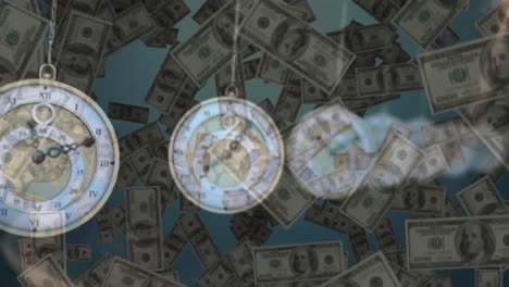 Digital-animation-of-multiple-hanging-clocks-ticking-against-american-dollars-falling-on-blue-backgr