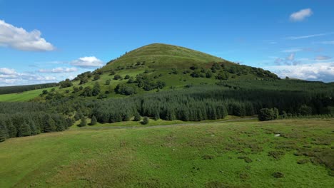 flight towards isolated green hill great mell fell over pine forest on bright summer day