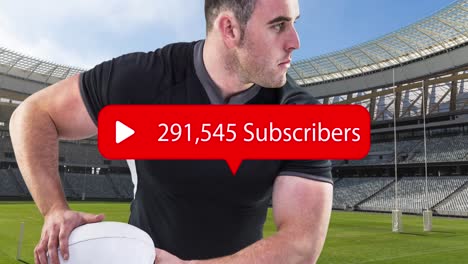 animación de un icono de los medios sobre un jugador de rugby caucásico con una pelota en el estadio