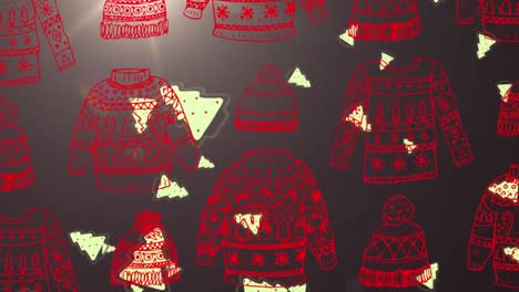 animación de la caída del árbol de navidad sobre la impresión del suéter sobre fondo negro