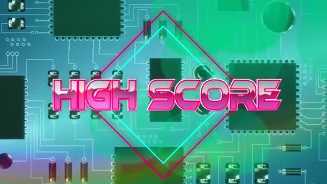 Highscore-Text-Auf-Neonquadraten-über-Nahaufnahme-Von-Mikroprozessorverbindungen-Auf-Blauem-Hintergrund