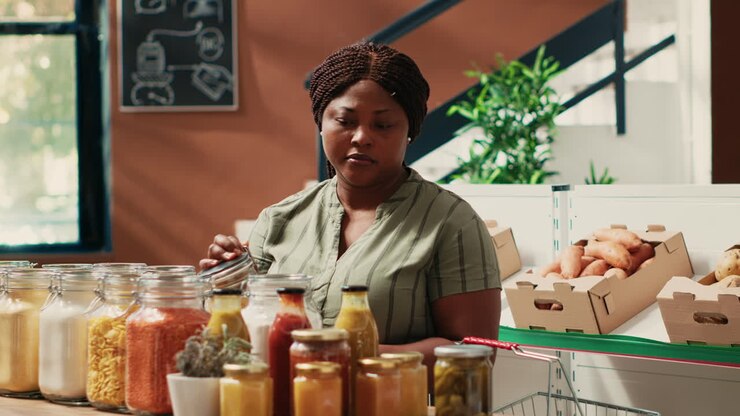 Vegan buyer checking natural organic relish or flavouring