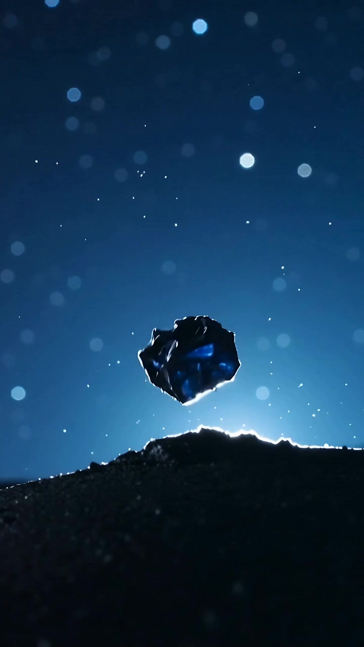 Video verticale: Cristallo scuro fluttuante che reagisce al bagliore dell'orizzonte sopra la cresta, splendente tra il bokeh