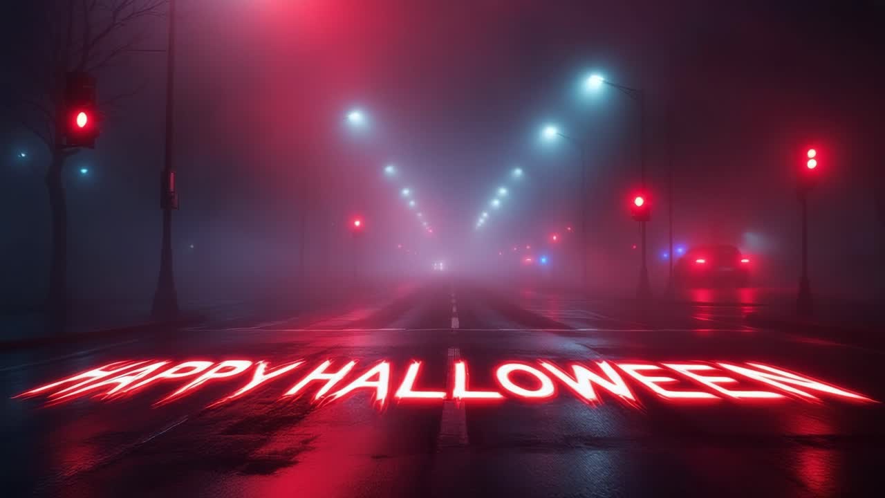 Foggy street scene with glowing Halloween message illuminated by red traffic lights at night