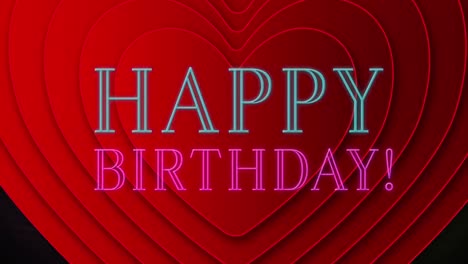Animation-of-neon-happy-birthday-text-over-red-heart-shapes-in-seamless-pattern-and-light-trails