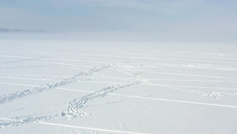 drone aerial view of frozen sea. foggy day, kaunas, lithuania