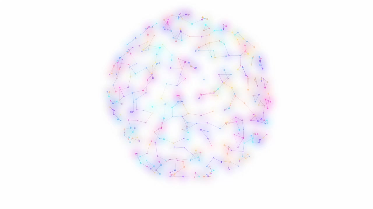 Rete plexus astratta al neon colorato e luminoso che ruota senza interruzioni su uno sfondo bianco pulito