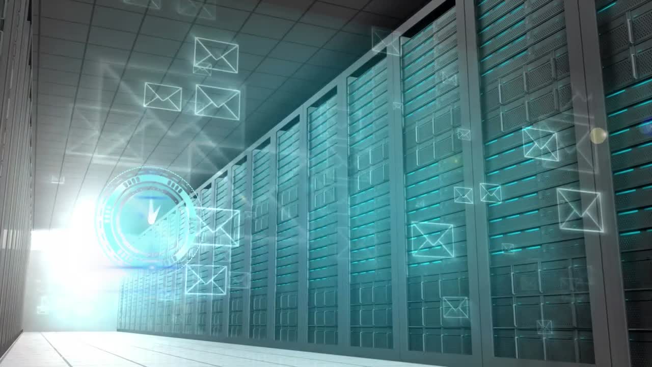 Animation of email icons moving over server room