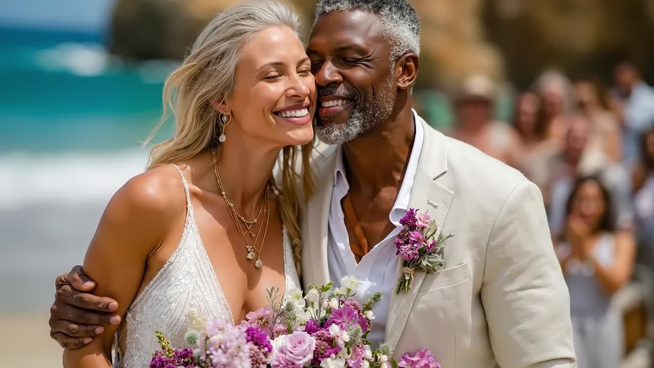 Un uomo e una donna in piedi l'uno accanto all'altro su una spiaggia