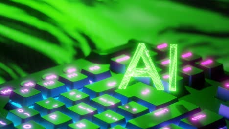 Glowing green letters AI above illuminated computer keyboard with digital background. Artificial intelligence and technology concept. Design for banner, poster, wallpaper, header