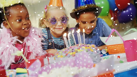 celebrando cumpleaños, niños con pastel y animación de confeti en un ambiente de fiesta