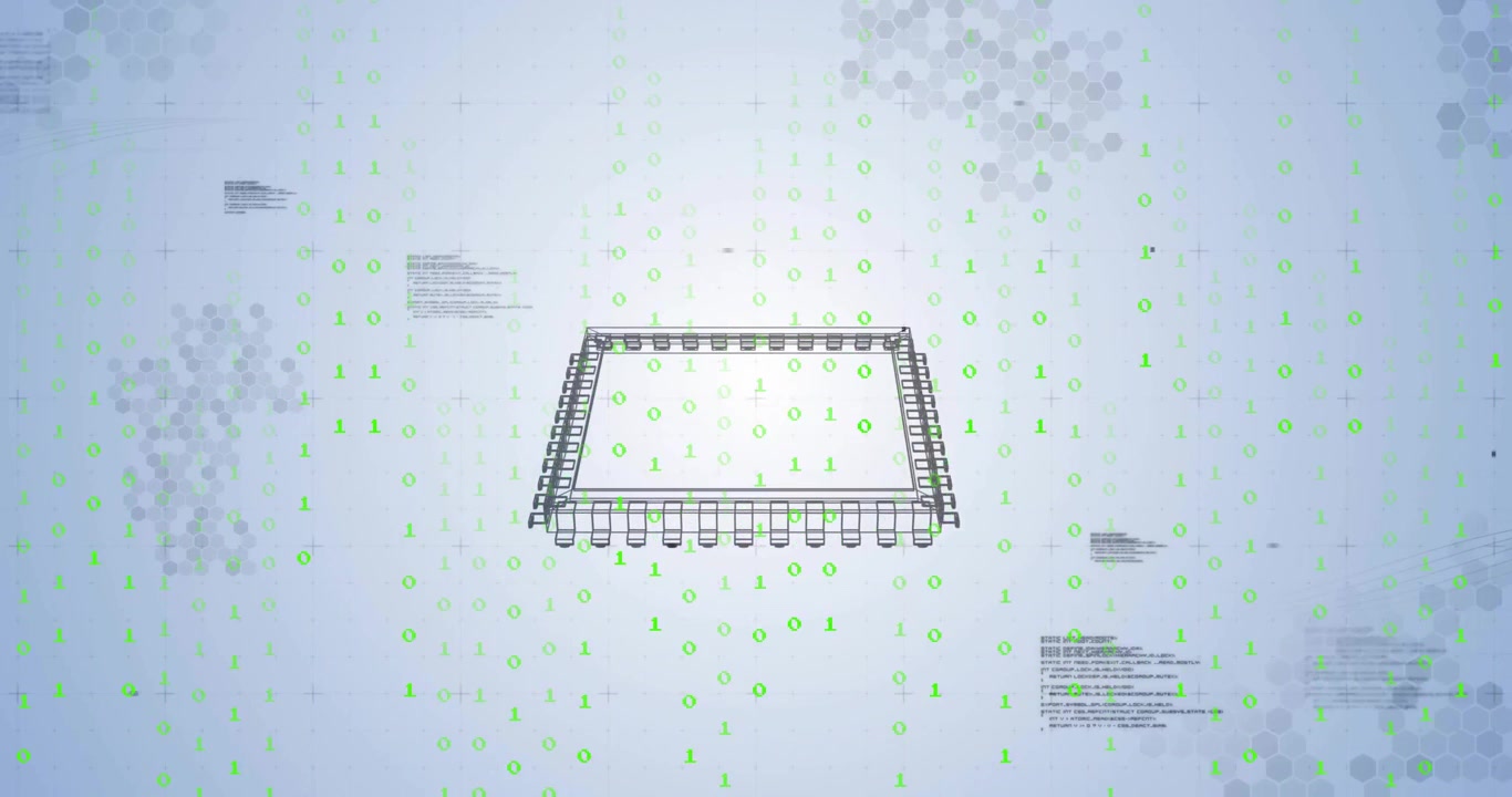 Código binário caindo impulsionando módulos wireframe que levantam, agrupam e depois giram uma grade para o fluxo de dados.