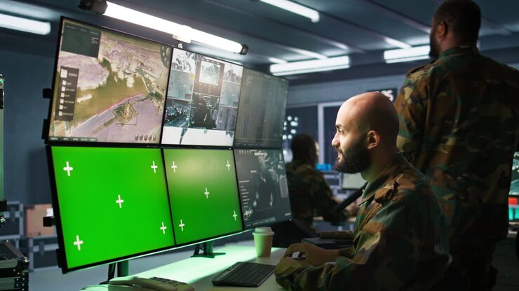 Army specialist engaging enemy forces using mockup monitors