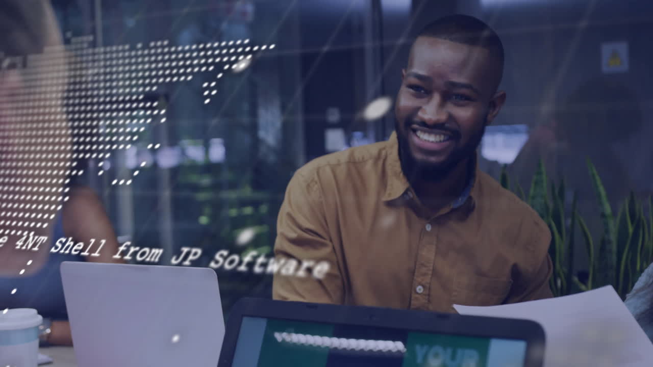 Animation of financial data processing over diverse business people in office