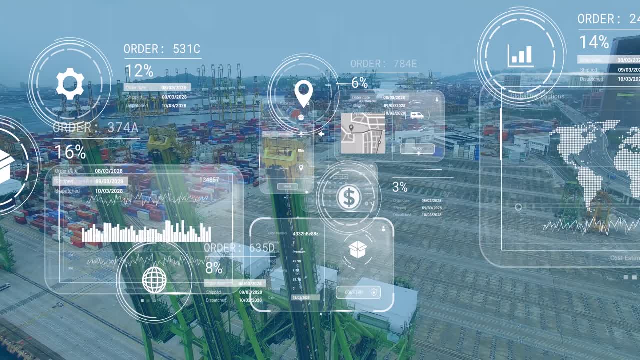 Animation of data processing on screens over shipyard