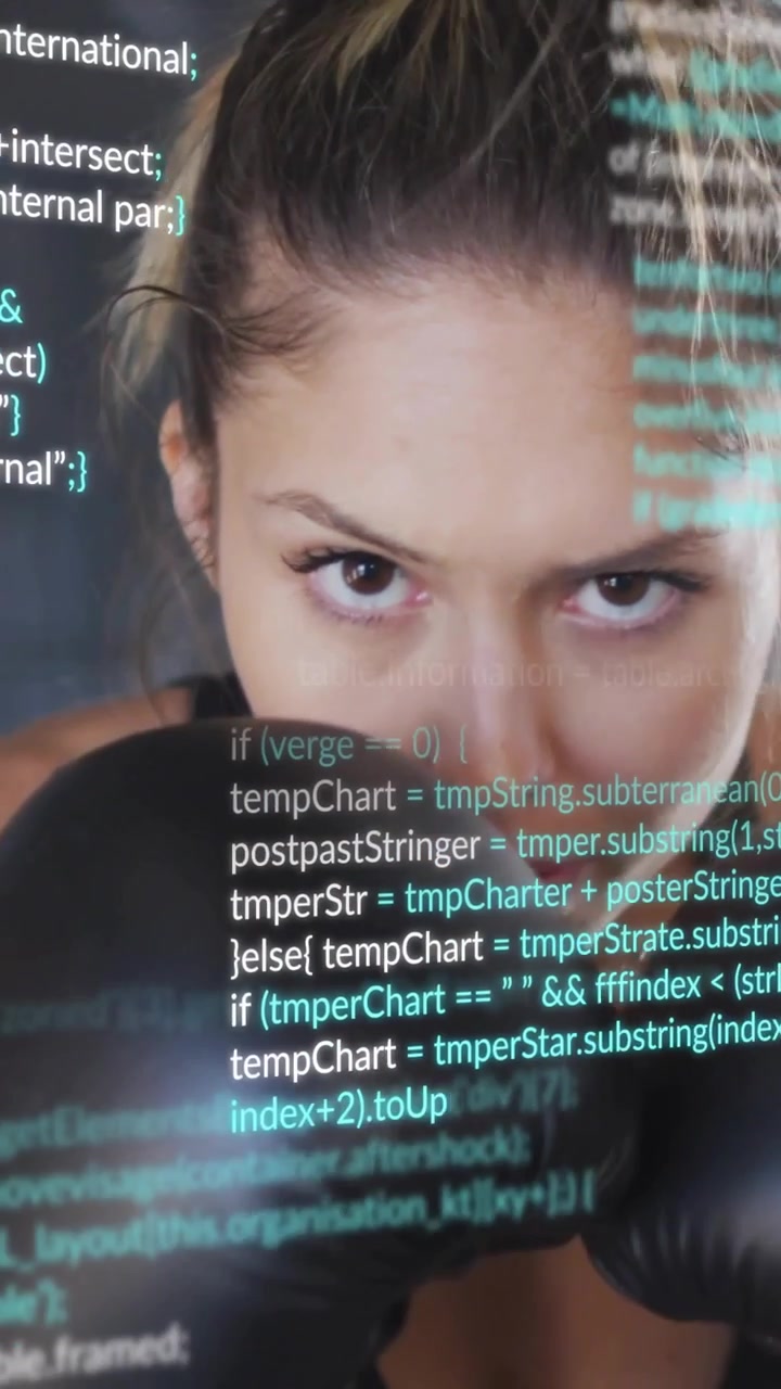 Vertical video: Female boxer performing jabs in gym on close-up shifting code overlay showing stats