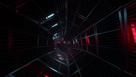 corredor oscuro realista de ciencia ficción con luz roja. túnel futurista con paredes de metal grunge. túnel cyberpunk. vista interior. sala futurista moderna. renderizado en 3d, bucle sin costuras, 4k.