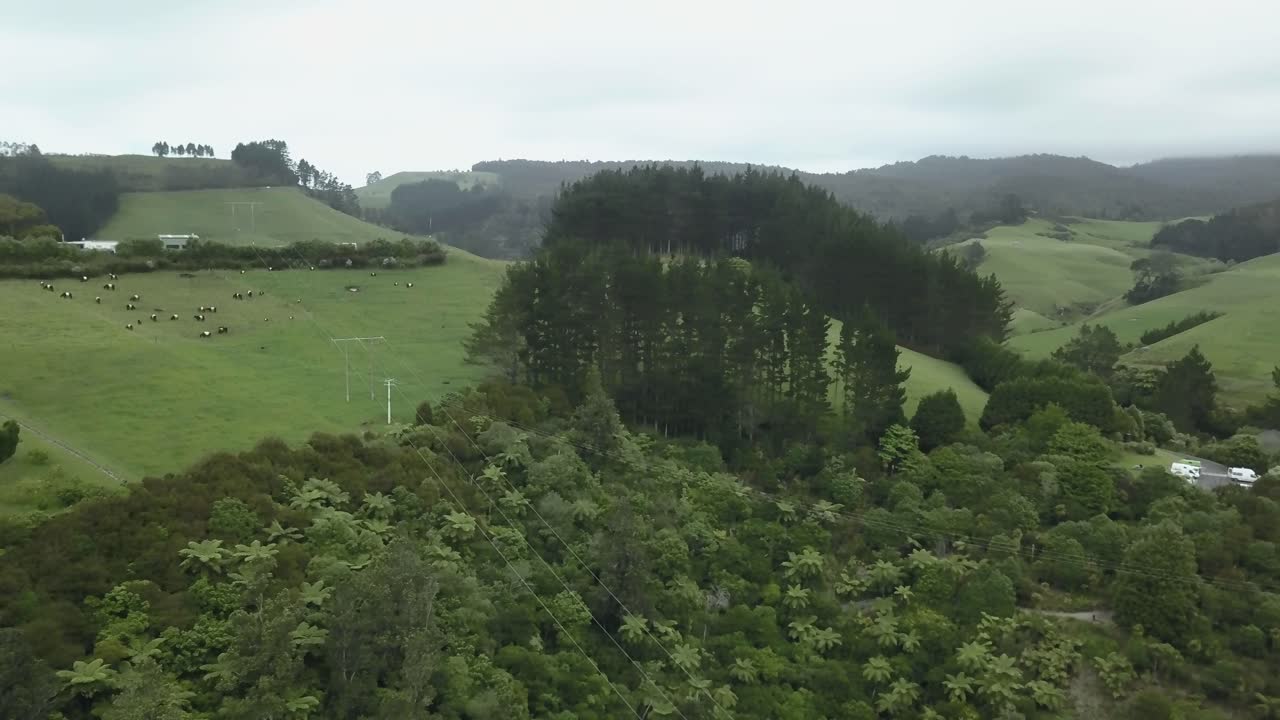 Aerial view of a rural landscape with hills, fields, houses, and cows