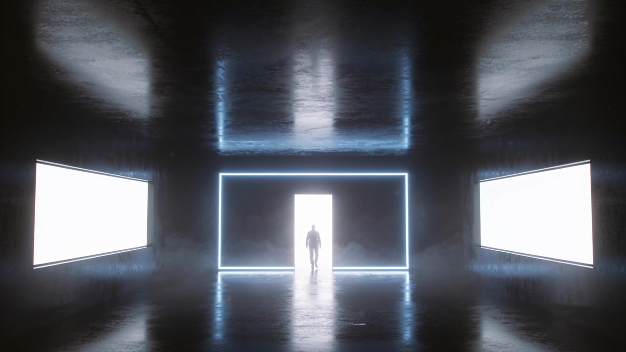 Walking adult silhouette emerging from glowing portal toward camera in glossy chamber, reflecting