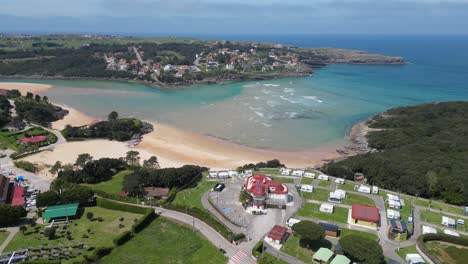 Camping-at-Sea-and-Beach-in-Ajo,-Cantabria-North-Spain---Aerial-4k