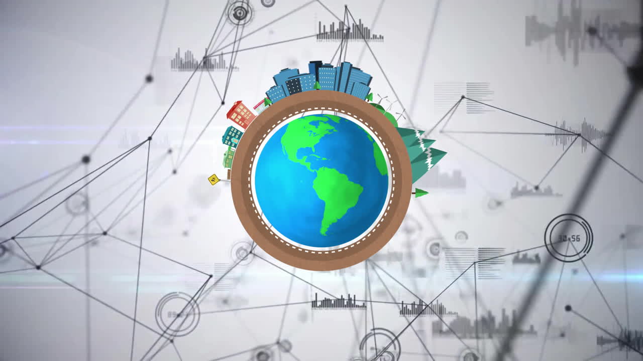 Earth with buildings and trees, network connections animation in background
