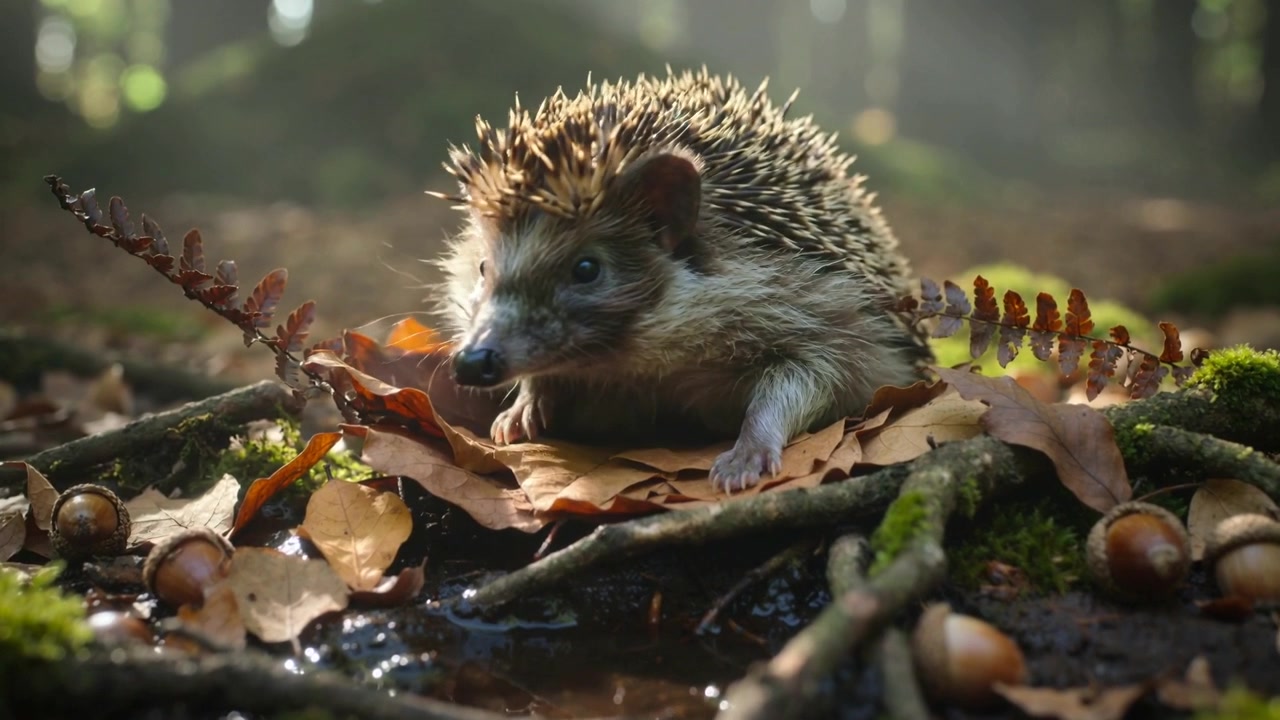 Schnüffelnder Igel folgt Pfützengeruch, durchsucht feuchtes Laub mit Eicheln, Moos, Farn