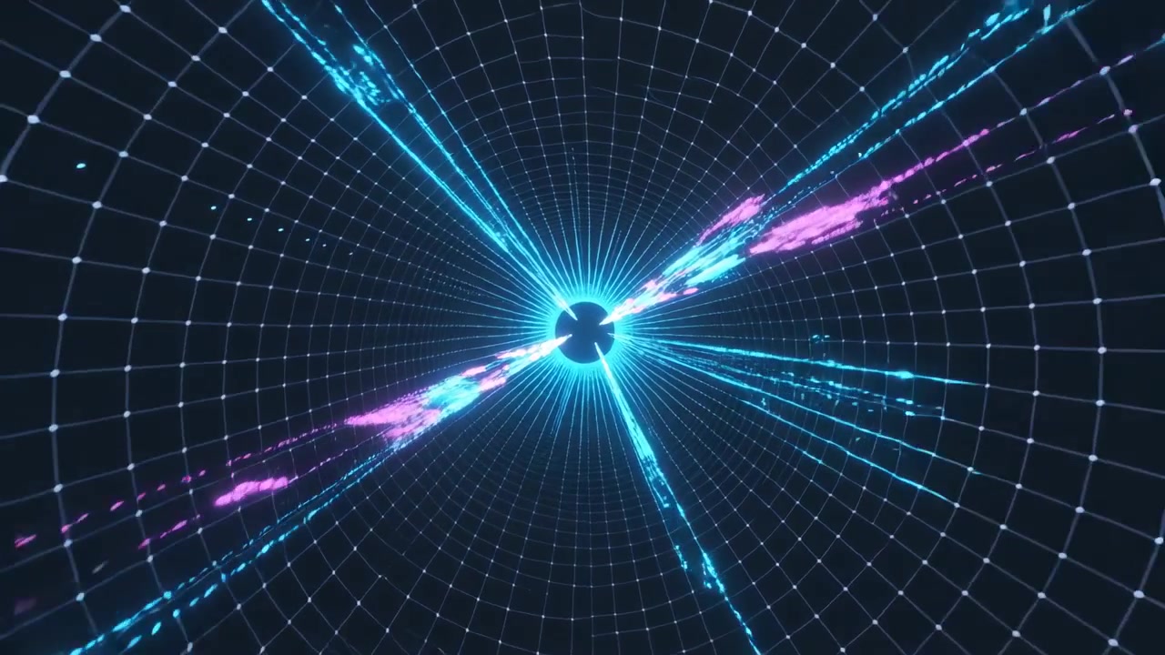 Emitting bright cyan core sending cyan beams in 3D grid, driving outward flow with magenta clouds