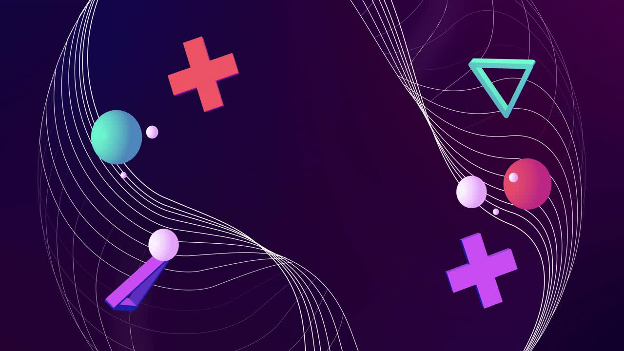 animación de formas 3d rojas, verdes, blancas y púrpuras sobre líneas de red blancas sobre fondo oscuro