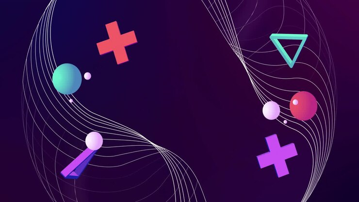 Animation of 3d red, green, white and purple shapes over white network lines on dark background