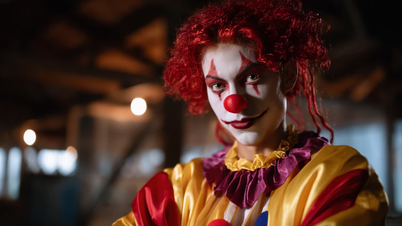 A Colorful Clown with Fiery Red Hair and an Enigmatic Smile Captured in a Dimly Lit Setting, Perfectly Blending Humor and Mystery for a Captivating Presence